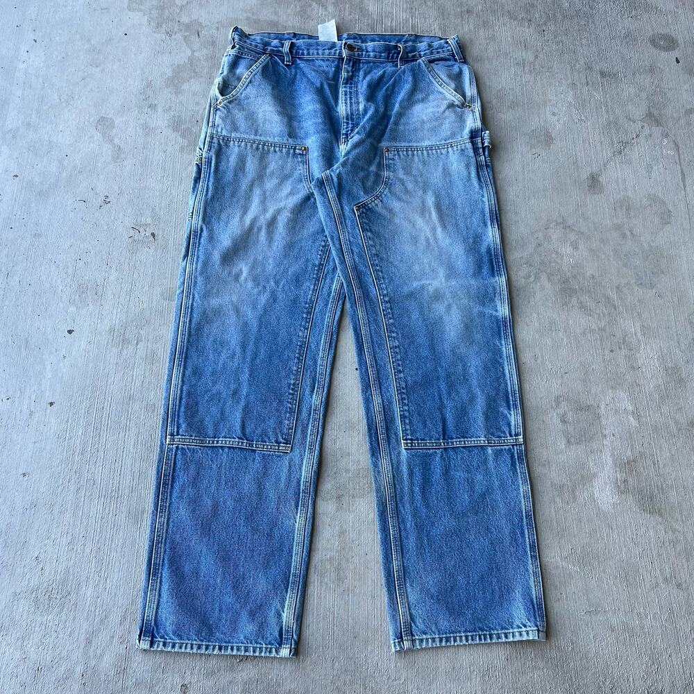 Carhartt faded denim blue jean double knee work wear carpenter pants
